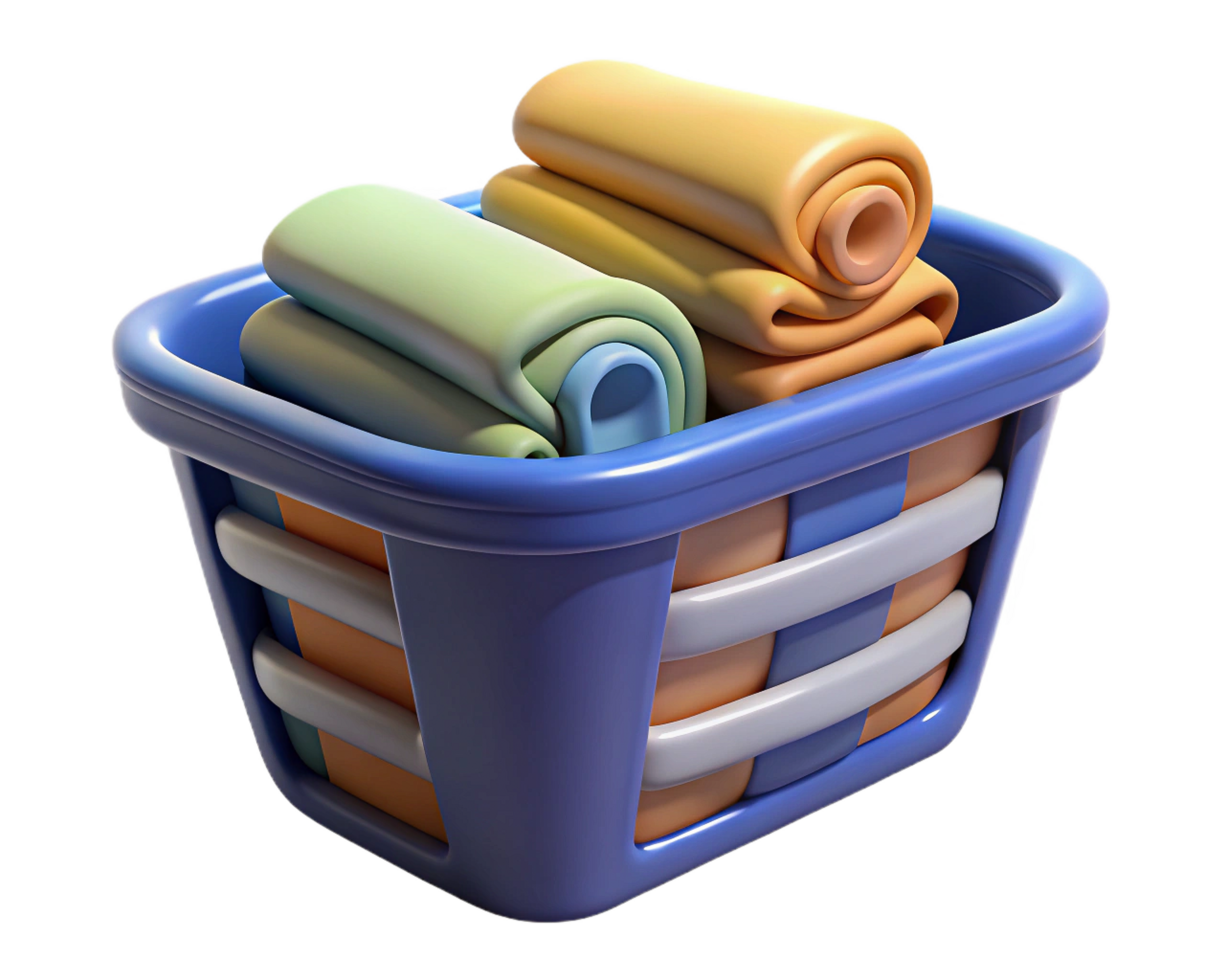 Laundry Basket with Rolled Towels, Clean Clothes, Soft Fabrics png