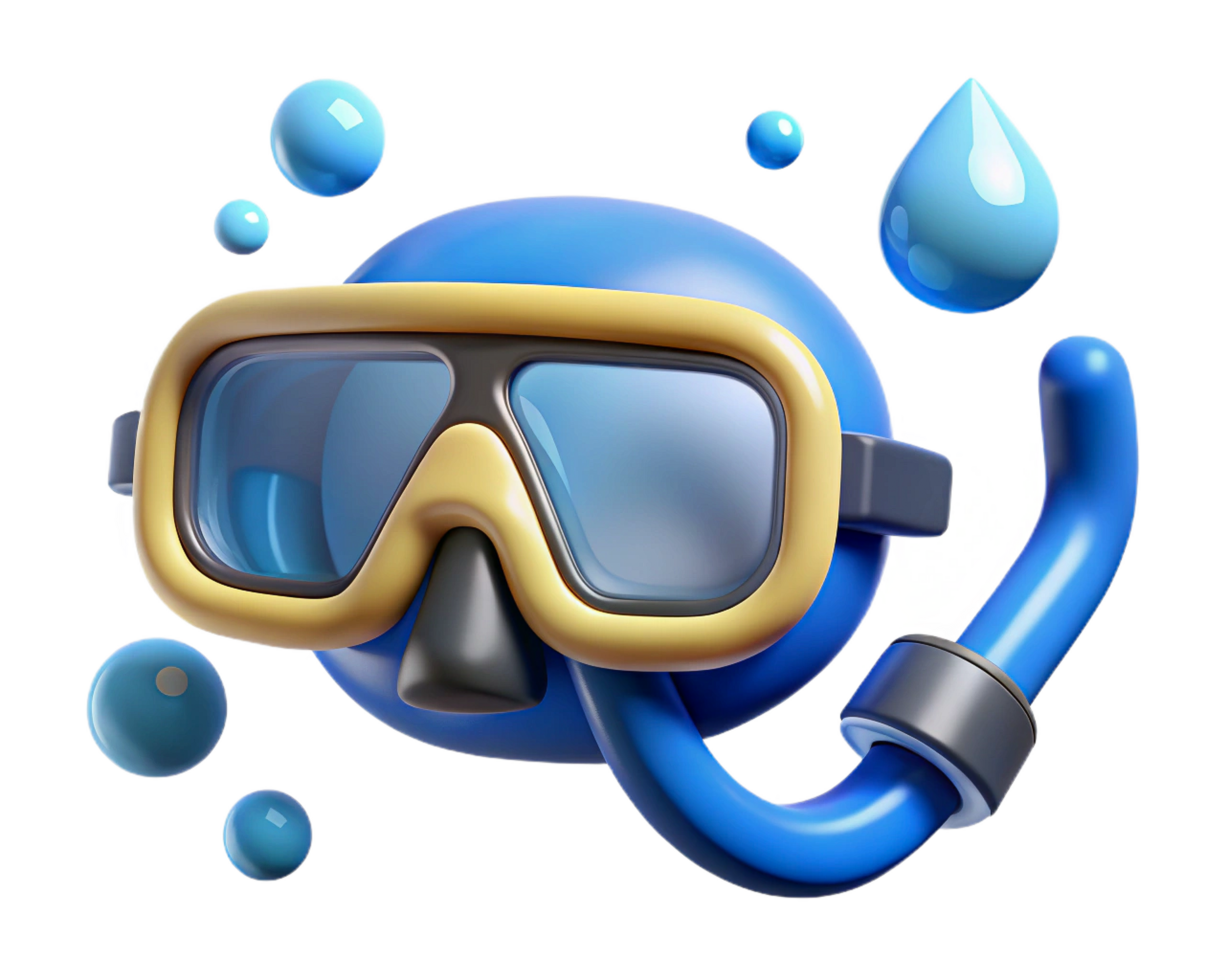 Cute Diving Mask Cartoon, Underwater Fun, 3D Render, Blue Sphere png