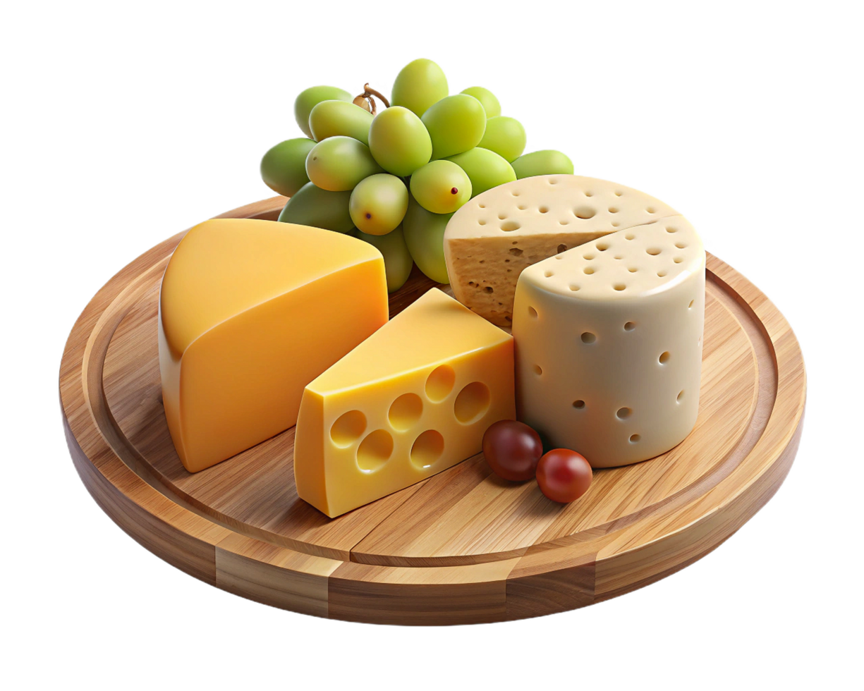Gourmet Cheese Platter Wooden Board, Cheddar, Swiss, Grapes png