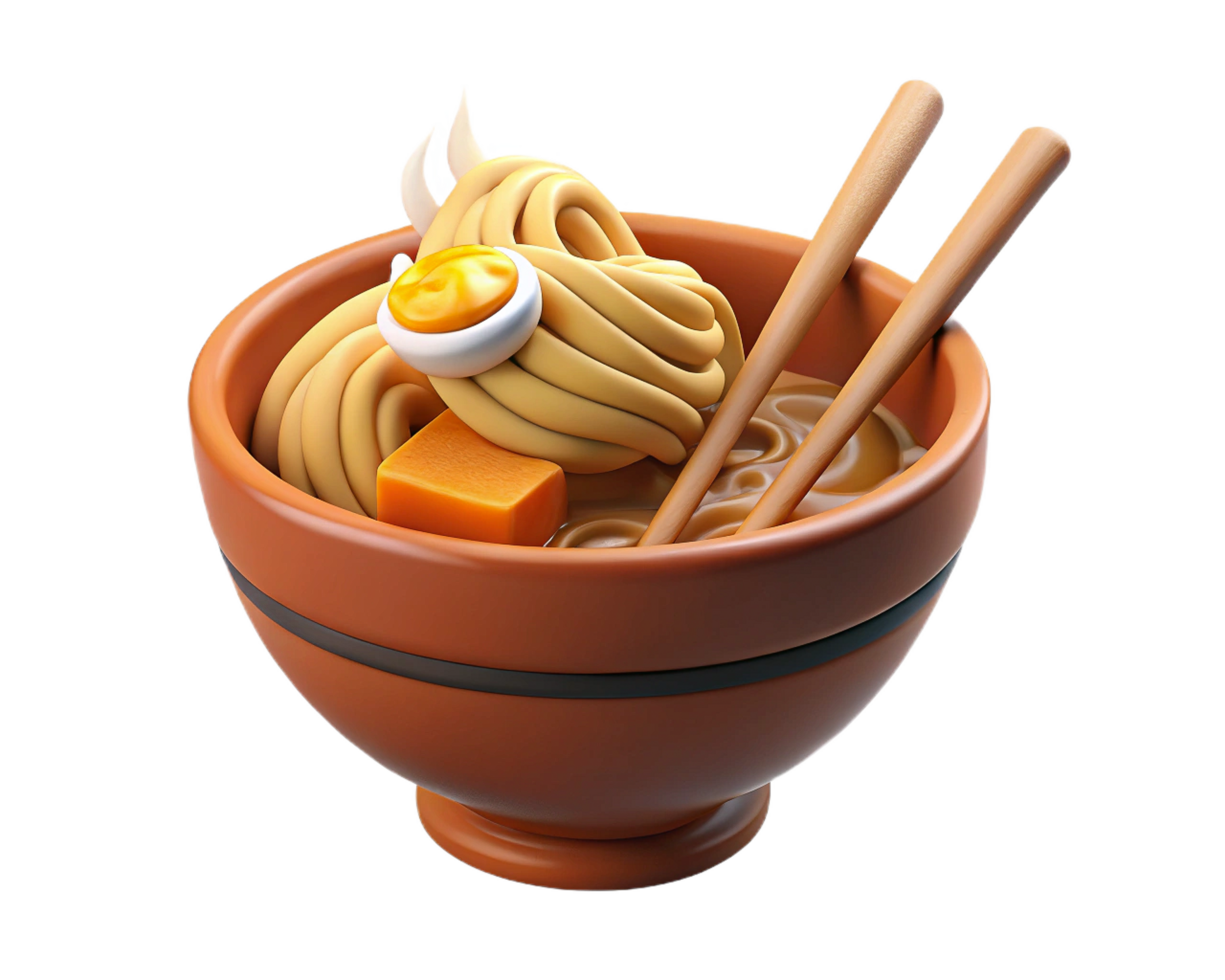 Delicious Ramen Noodles Bowl, Egg, Broth, Chopsticks, 3D Render png