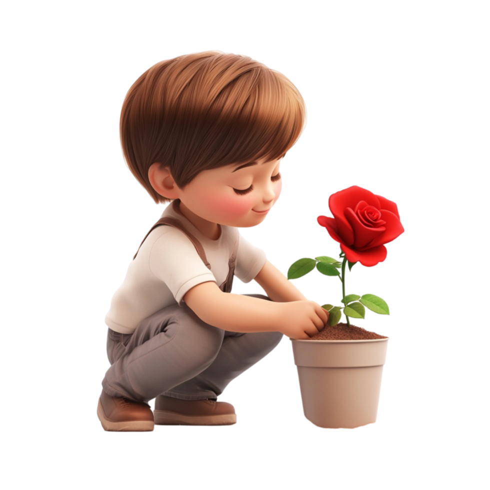 Child Admiring a Red Rose png