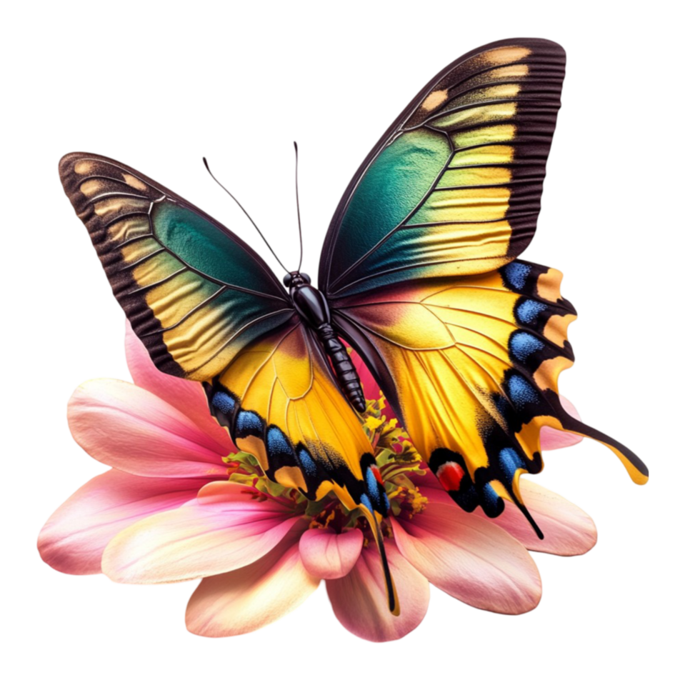 Vibrant Butterfly with Yellow, Green, and Black Wings on a Pink Flower png