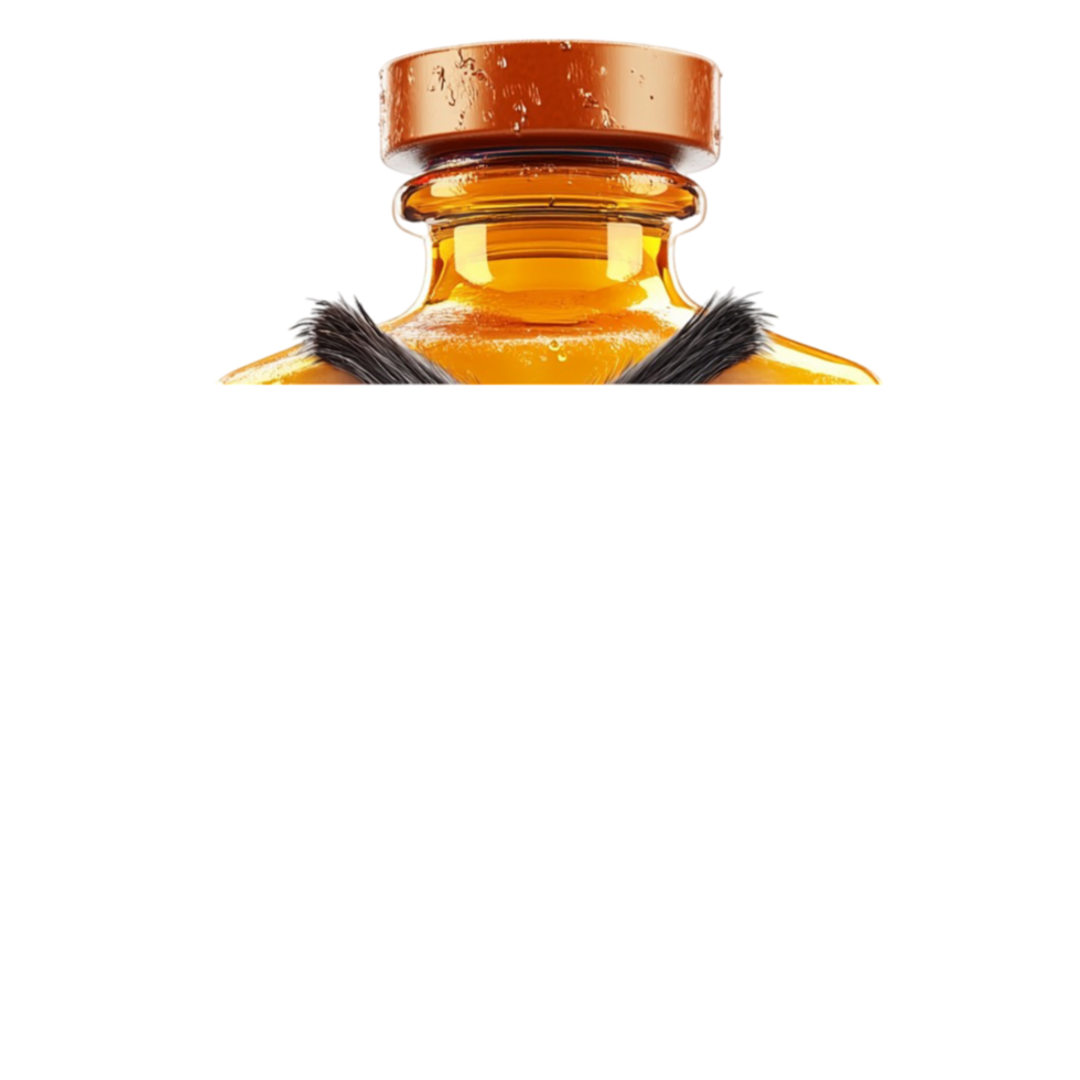 Cartoon Bottle of Orange Liquid with a Mustache Design png