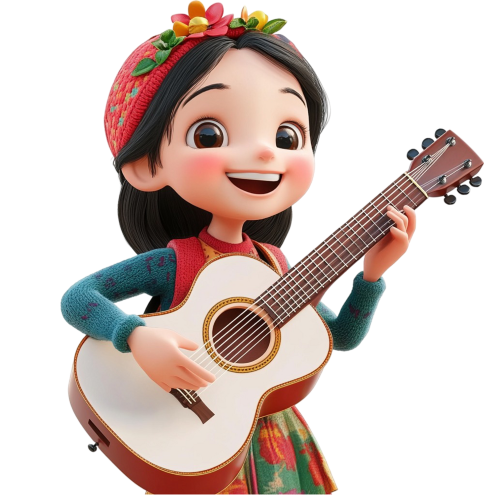 Cartoon Girl Playing Guitar with Traditional Outfit png