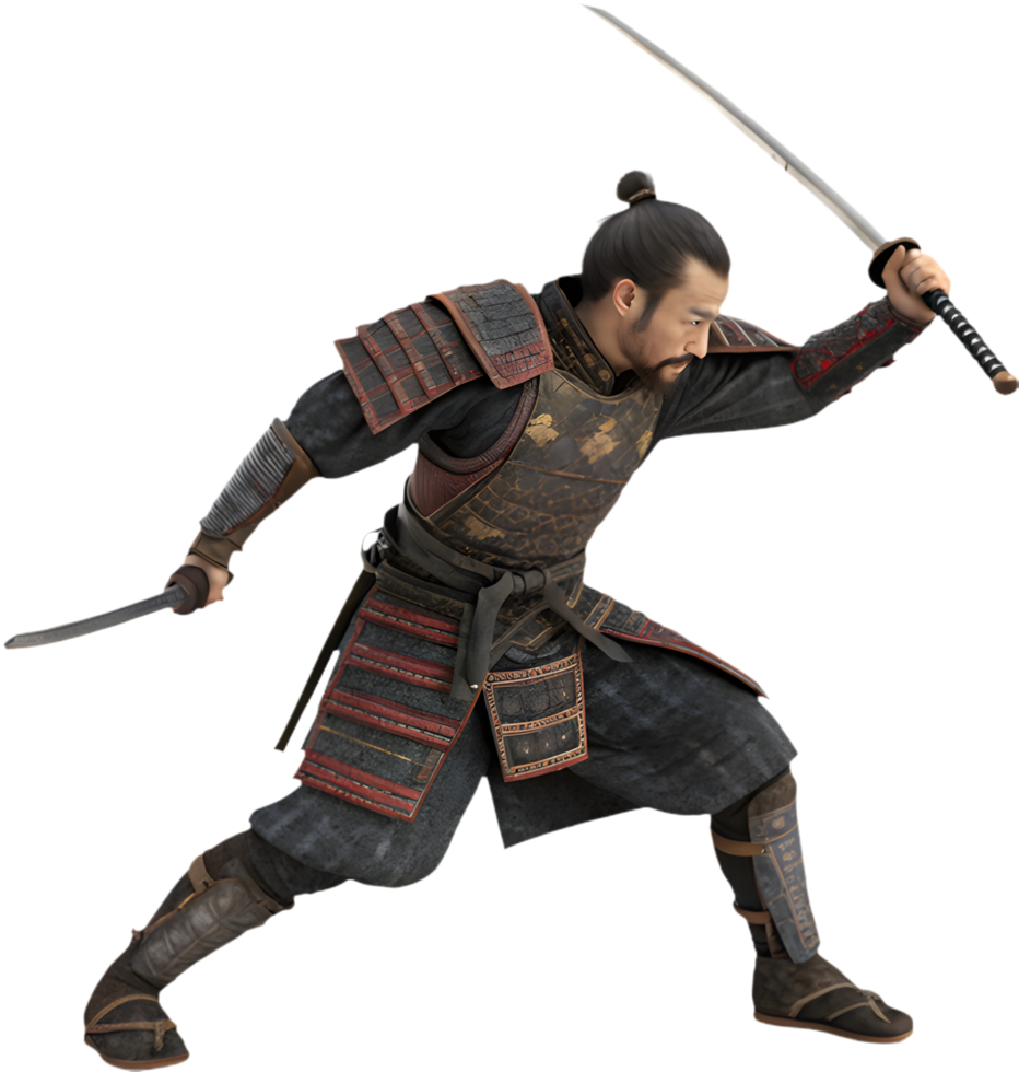 Powerful Samurai Warrior in Action Stance with Katana. . png
