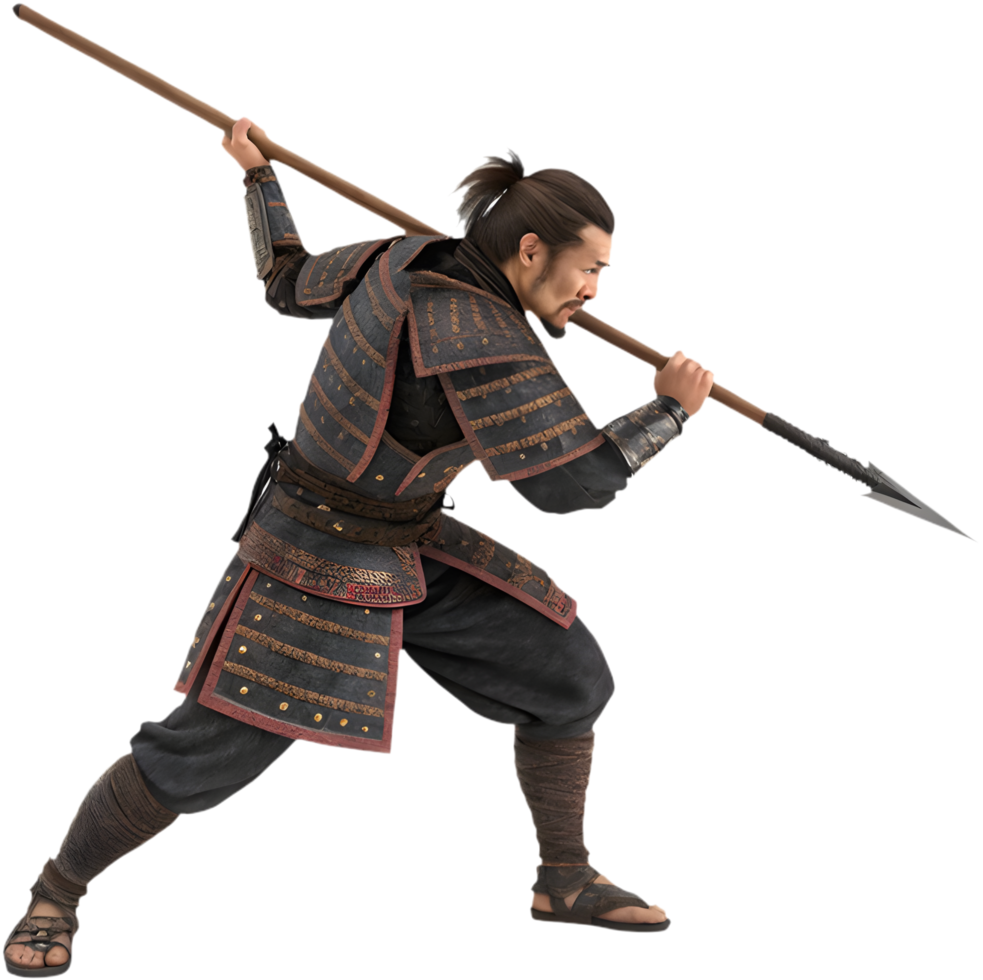 Heroic Samurai in Combat Pose with Sword. . png