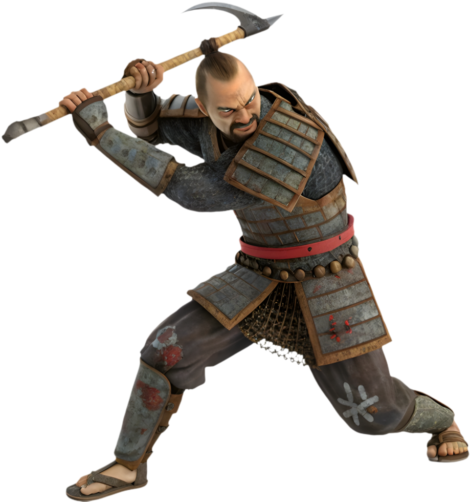 Traditional Samurai in Action Pose with Sword. . png