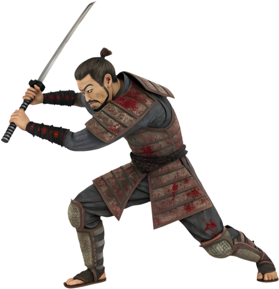 Traditional Samurai in Battle Pose with Katana Sword. . png