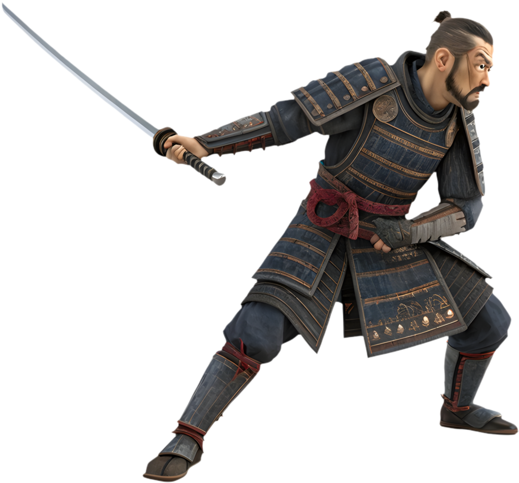 Powerful Samurai Character Posed with Sword in Action. . png