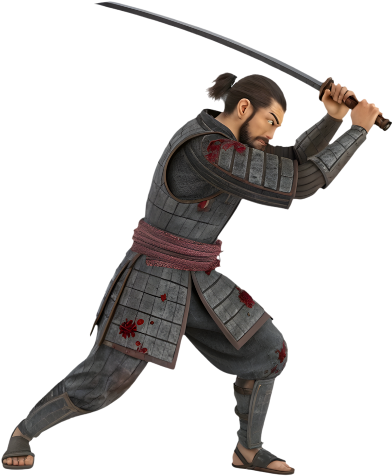 Fierce Samurai Clipart in Traditional Japanese Combat Stance. . png