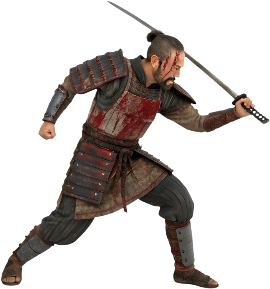 Japanese Samurai Warrior Clipart in Fierce Combat Pose. . png