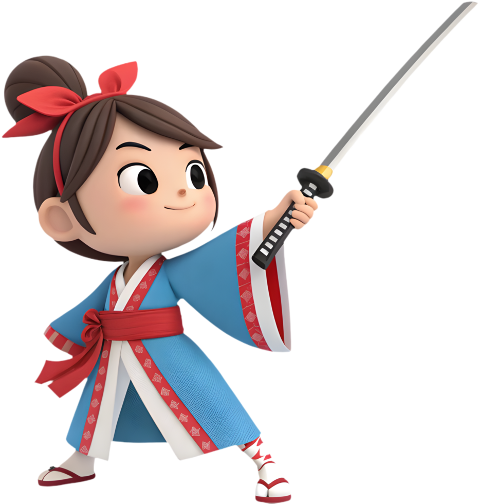 Female Samurai in Dynamic Combat Sword Fighting Pose. . png