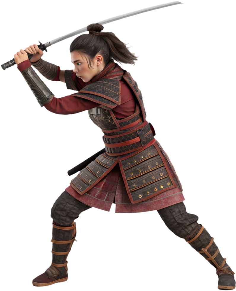 Powerful Samurai Warrior Woman in Dynamic Action Stance. . png
