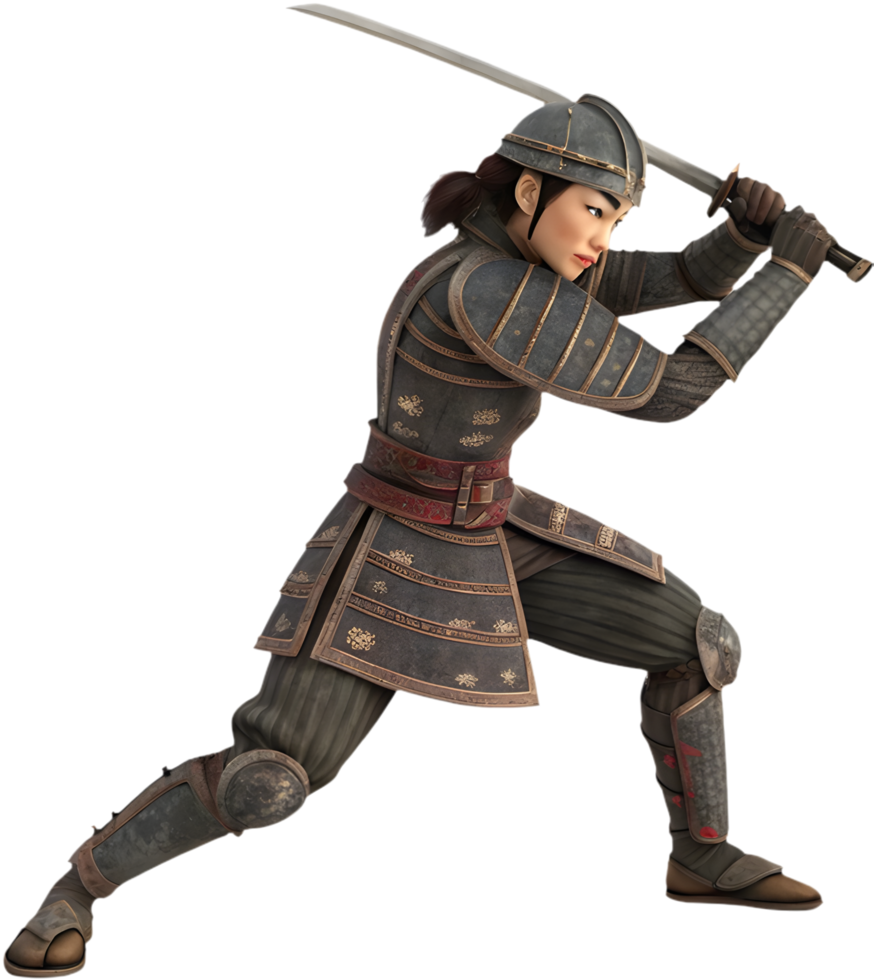 Graceful Female Samurai in Martial Arts Combat Pose. . png