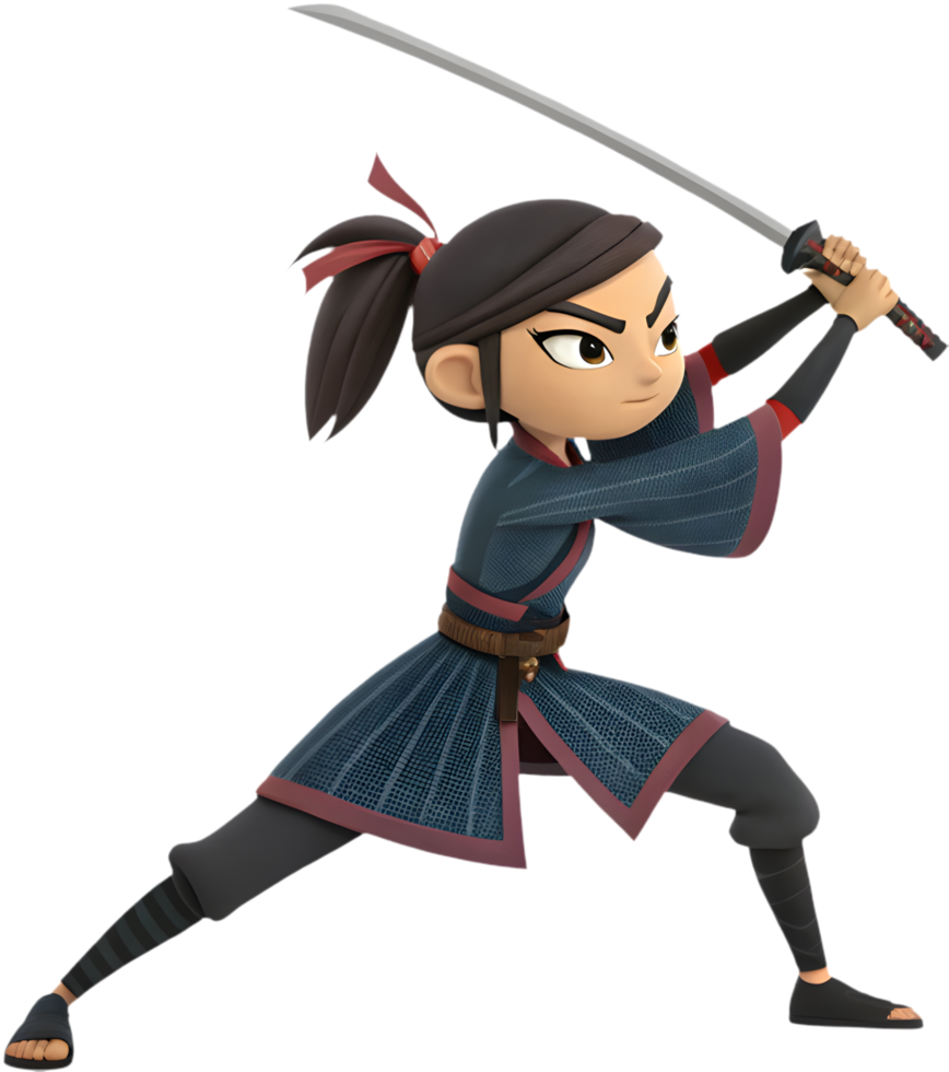 Japanese Samurai Woman in Powerful Martial Combat Pose. . png
