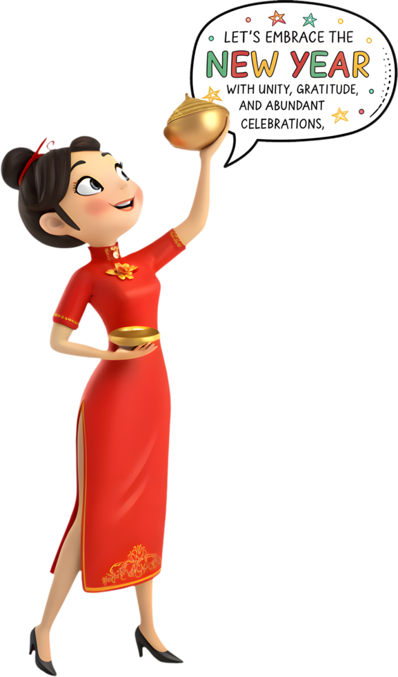 Traditional Beauty. Girl Welcomes Lunar New Year Cheer. . png