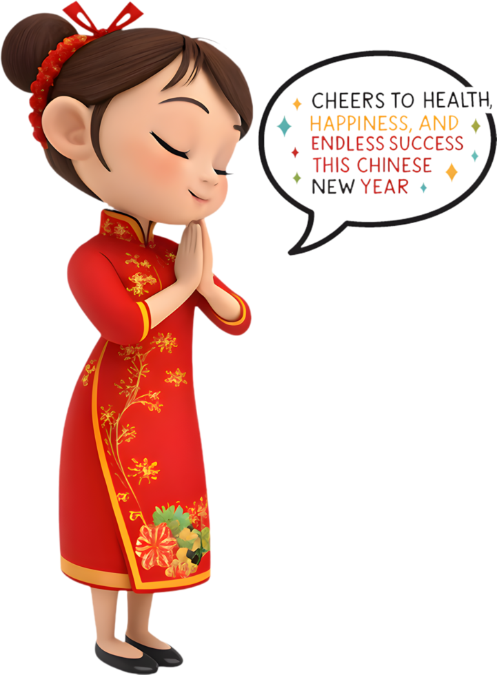 Smiling Chinese Girl Wishing Happiness in Festive Style. . png