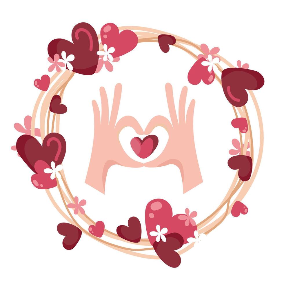 Romantic illustration featuring hands forming a heart inside a floral wreath with red and pink hearts and small white flowers for Valentine's Day. Wreath of Hearts and Flowers with Loving Hands. vector