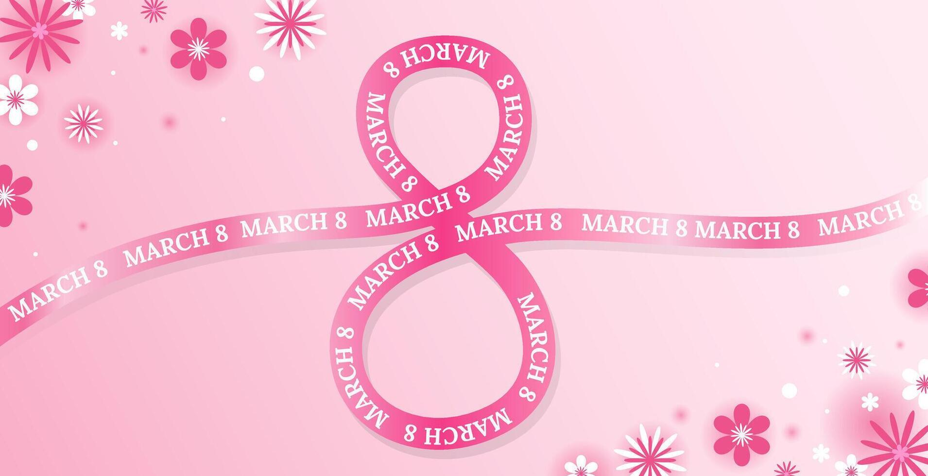 Pink ribbon forming the number eight with March 8 text, surrounded by floral decorations on a soft pink gradient background illustration banner background. International Women's Day Design vector