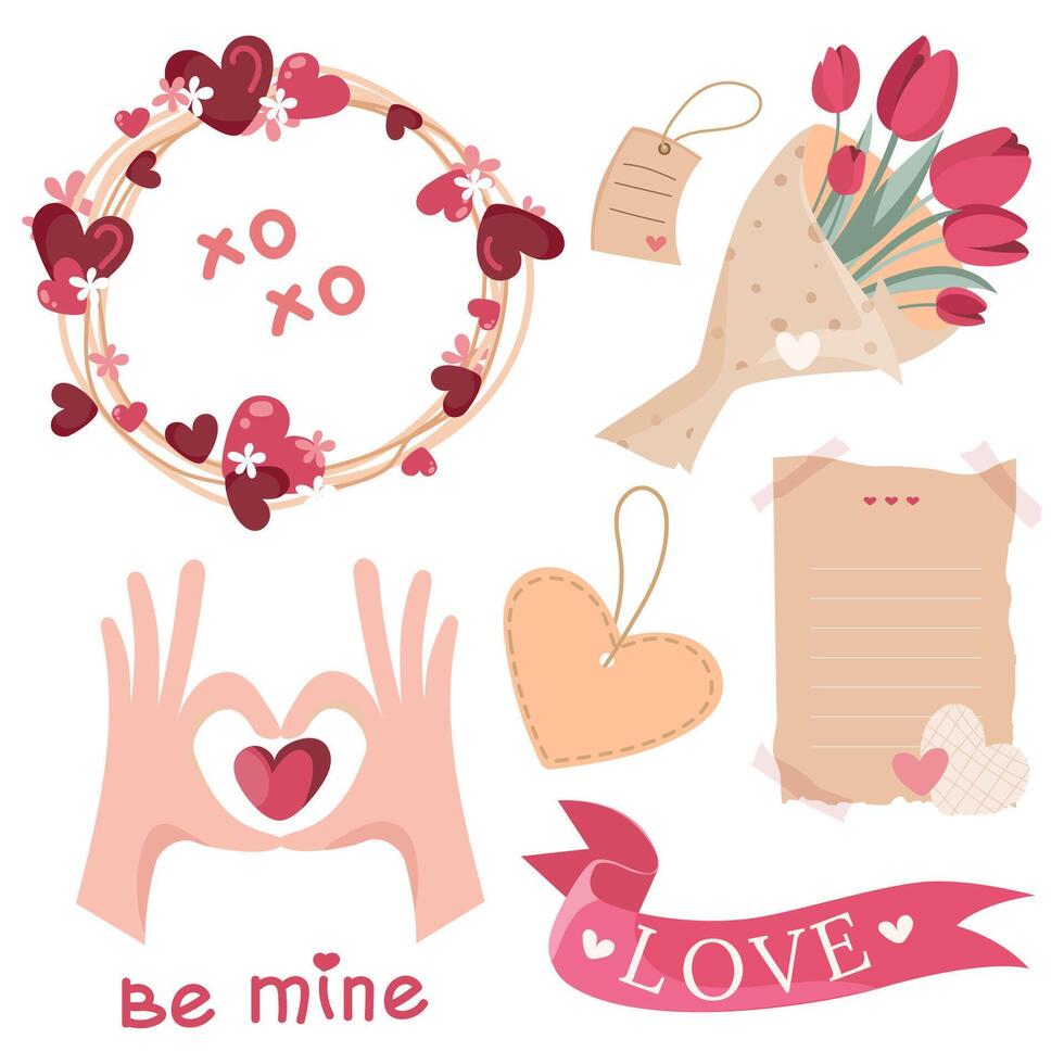 Set of romantic Valentine's Day elements hearts, flowers, love letter, hands forming heart shape and decorative banners. Cute hand drawn Valentine's Day love icons, stickers, print, emblems. vector