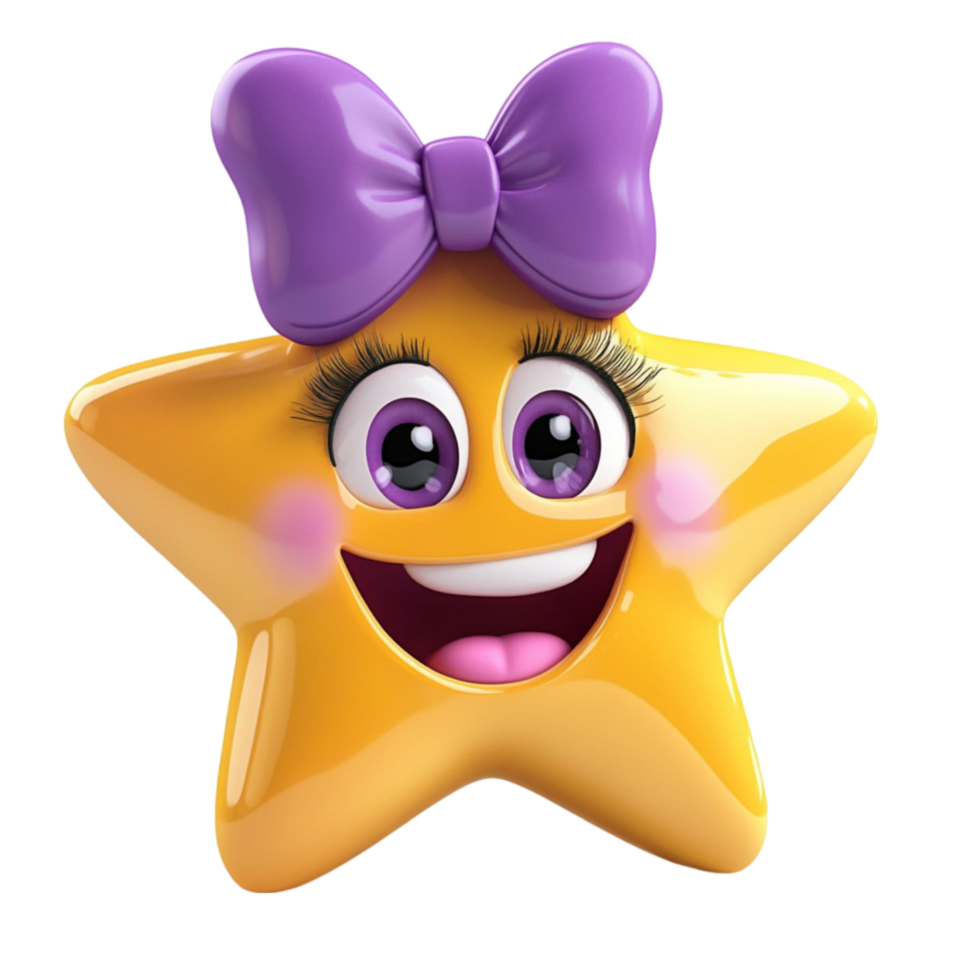 3D Yellow Star Character with Purple Eyes and Rosy Cheeks png