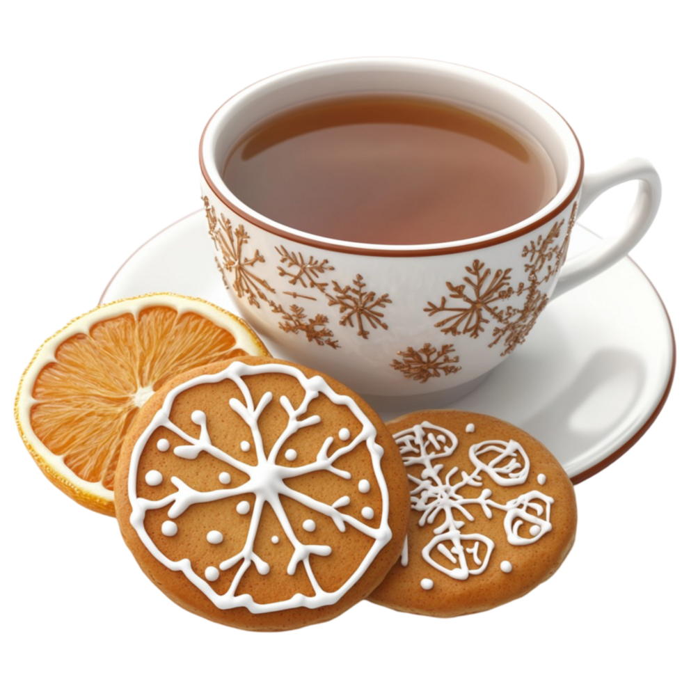 Festive Tea Cup with Snowflake Design and Treats png