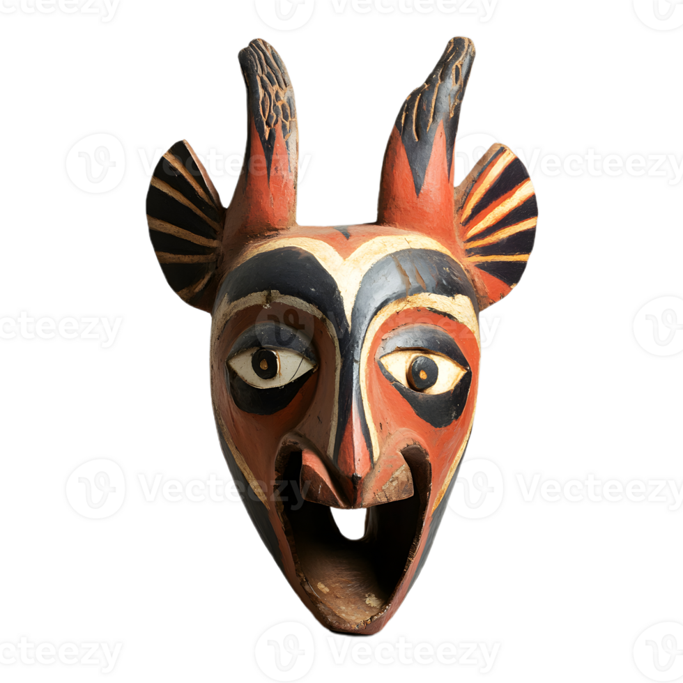 Rustic Wooden Mask with Traditional Tribal Motifs png