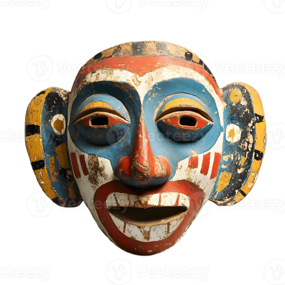 Carved Wooden Mask with Tribal Aesthetic png