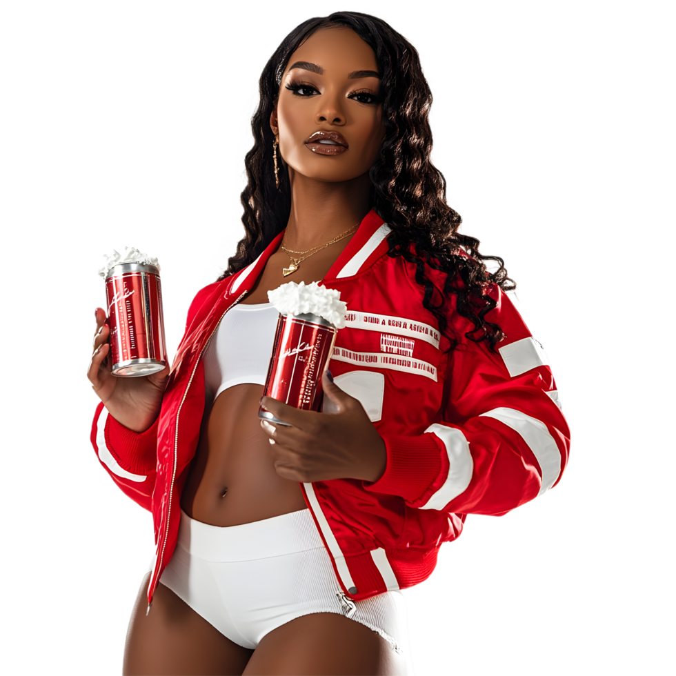 A woman wearing a red jacket and holding a soda can png
