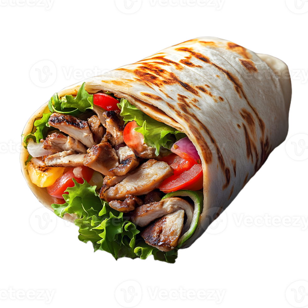 burrito with chicken, vegetables and lettuce on a white background png