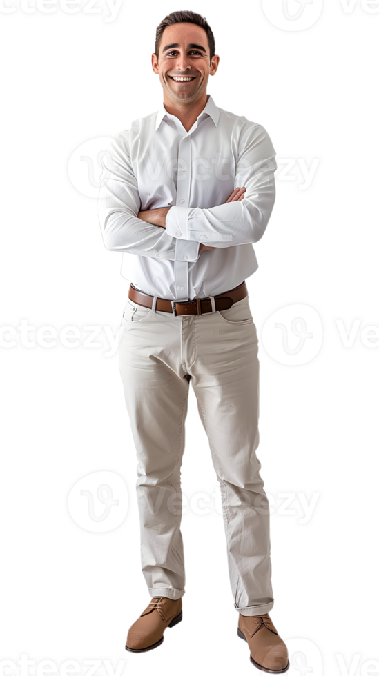 A Man Wearing a White Shirt and Tan Pants png