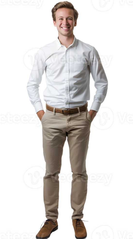 A Man Dressed in a White Shirt and Tan Trousers png