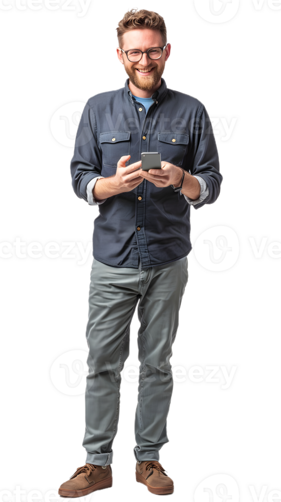 Bearded Man with Glasses Holding a Smartphone png
