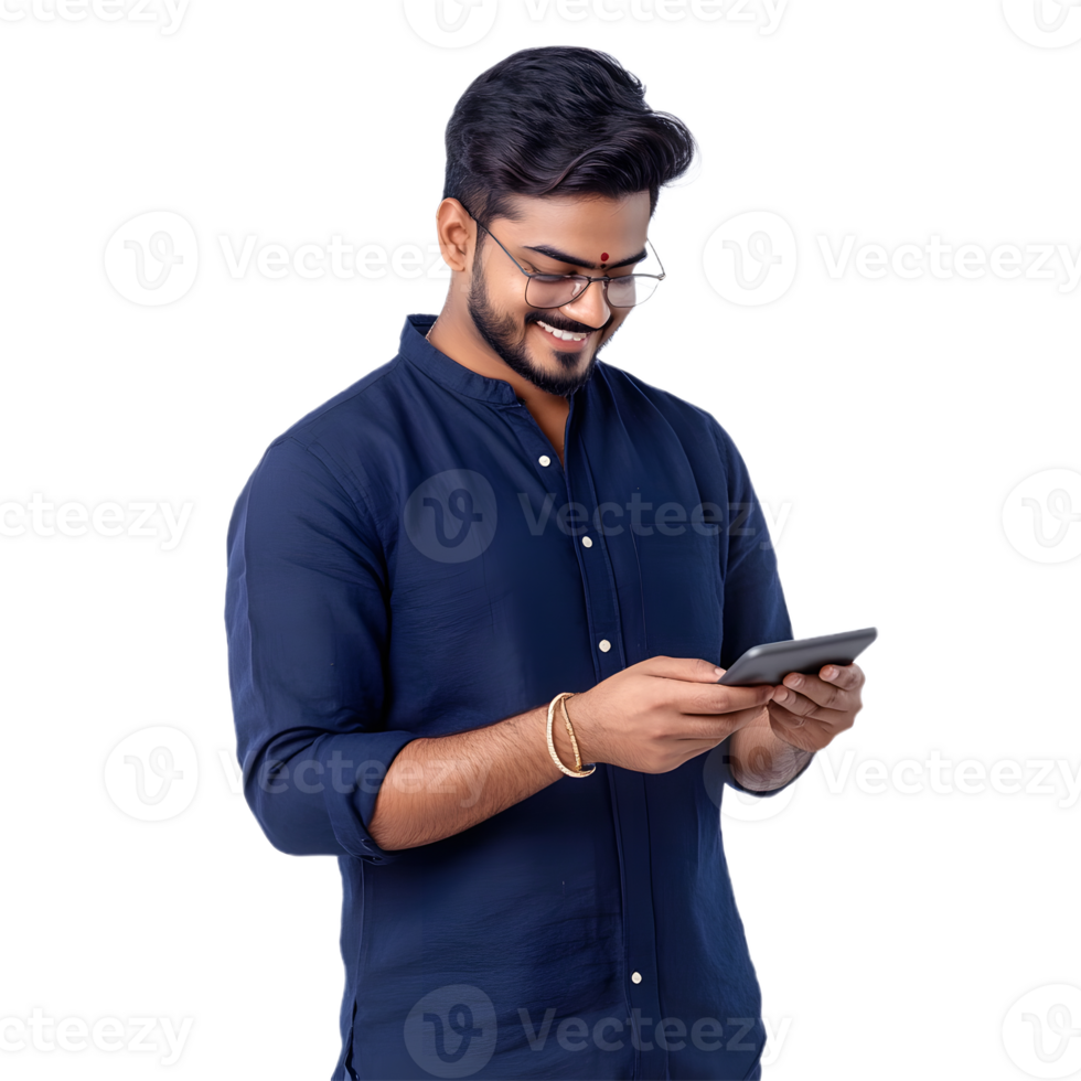 Man with Glasses and Smartphone in a Relaxed Pose png