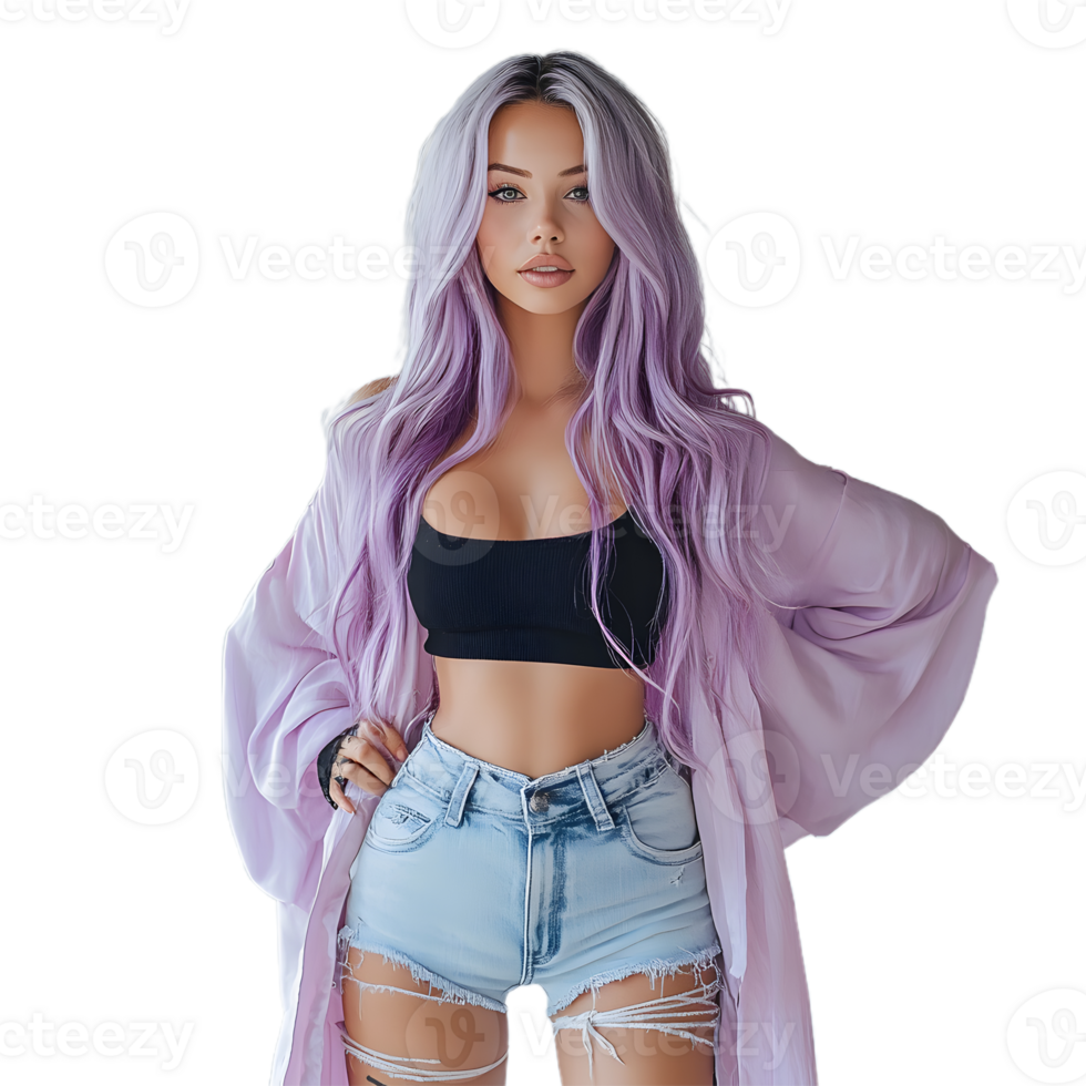 Fashionable Woman Rocking Purple Hair and Ripped Jeans png