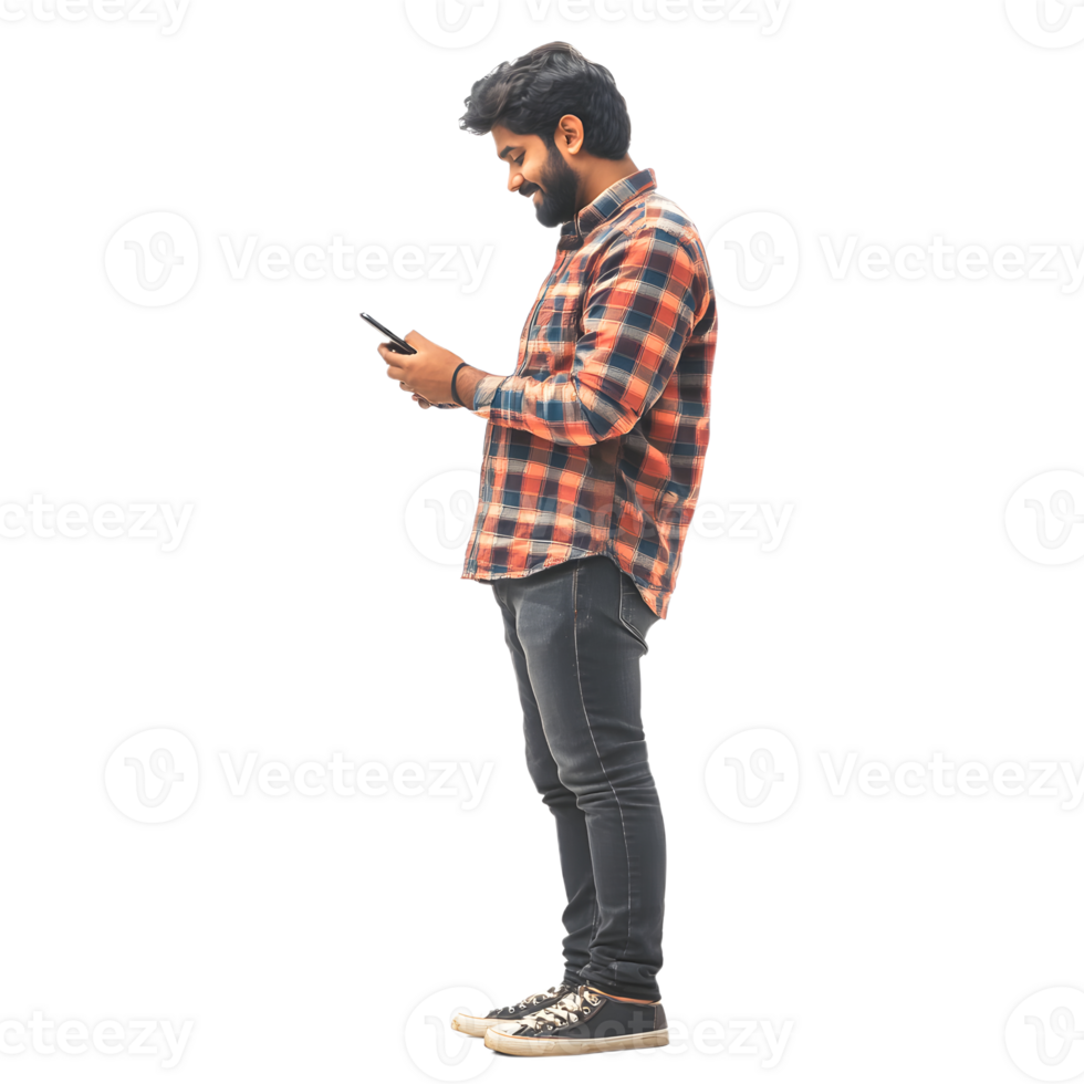A bearded man standing and interacting with his phone on a transparent background png