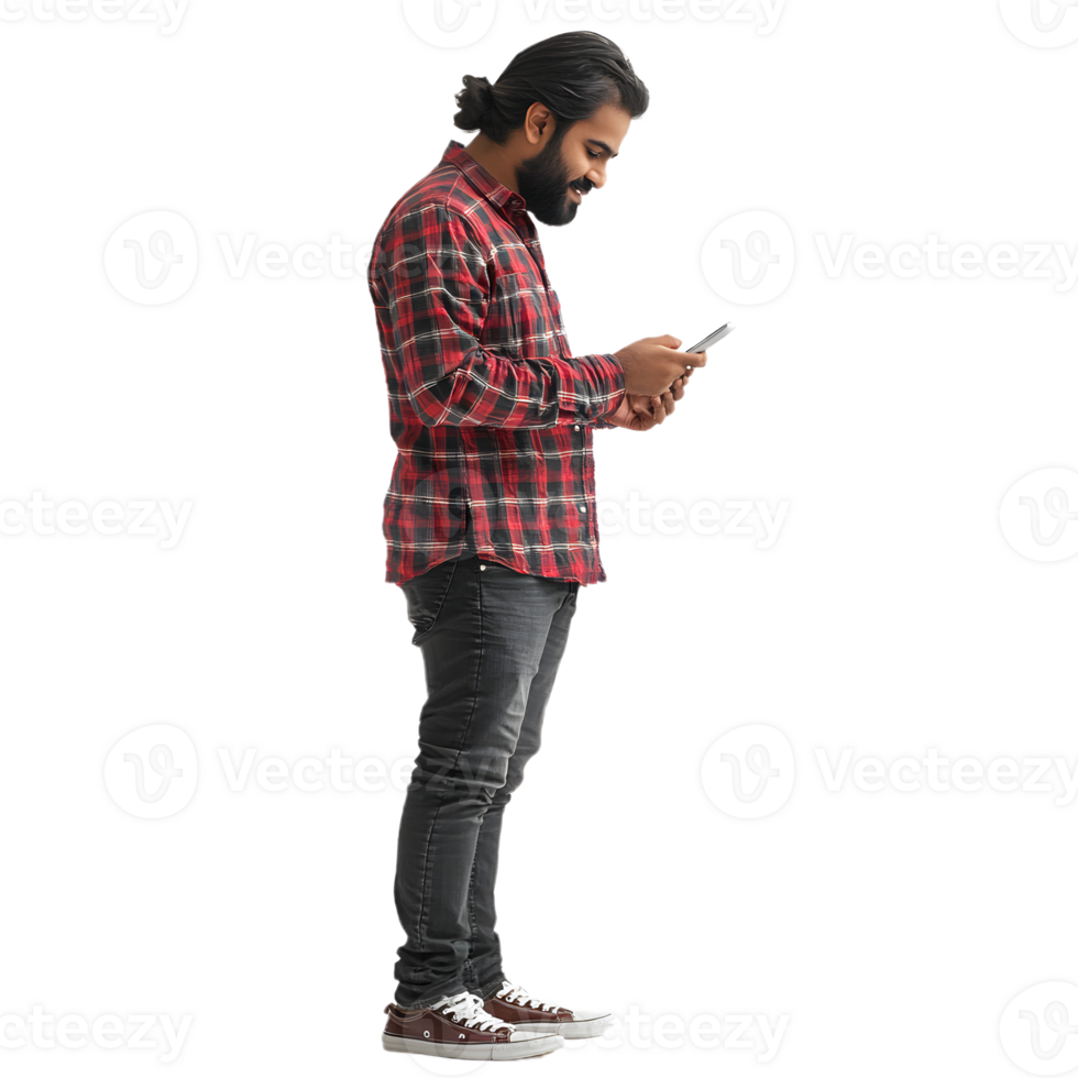A man with a beard standing, holding his phone, with no visible background png