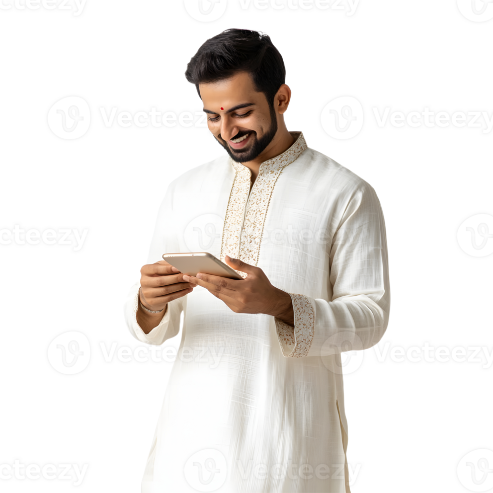 A man with a beard holding a phone while standing on a transparent background png