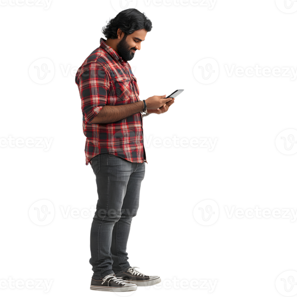 A bearded man standing with a phone in hand, set on a transparent background png