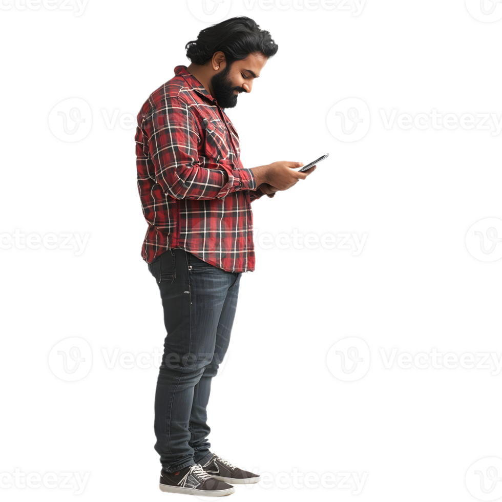 A man with a beard holding his phone while standing against a transparent backdrop png