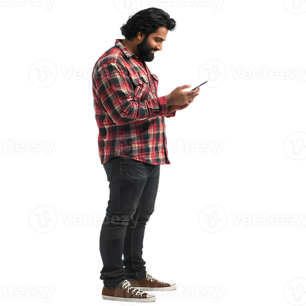 A man with a beard standing and checking his phone with no background png
