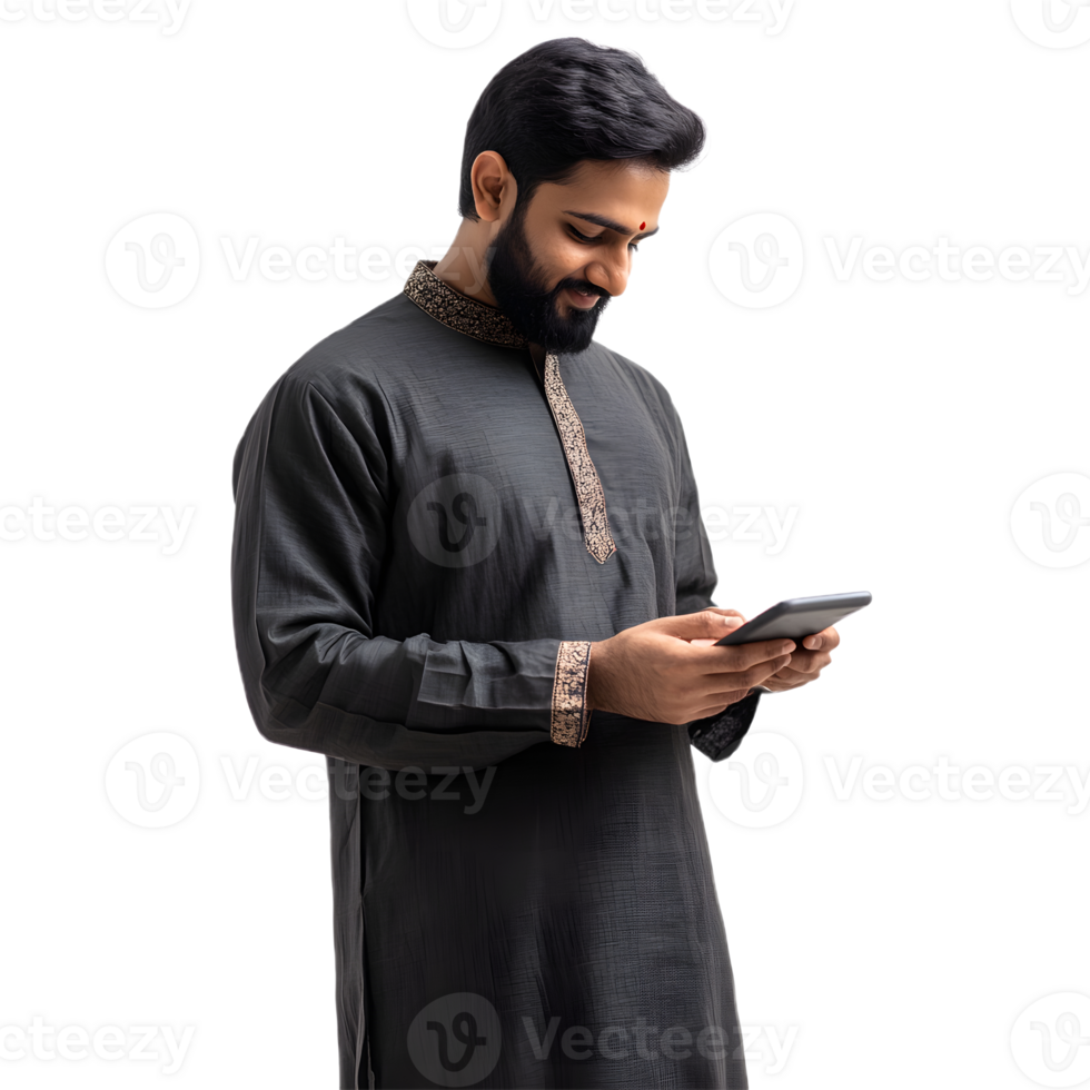 A bearded man standing and looking at his phone on a transparent canvas png
