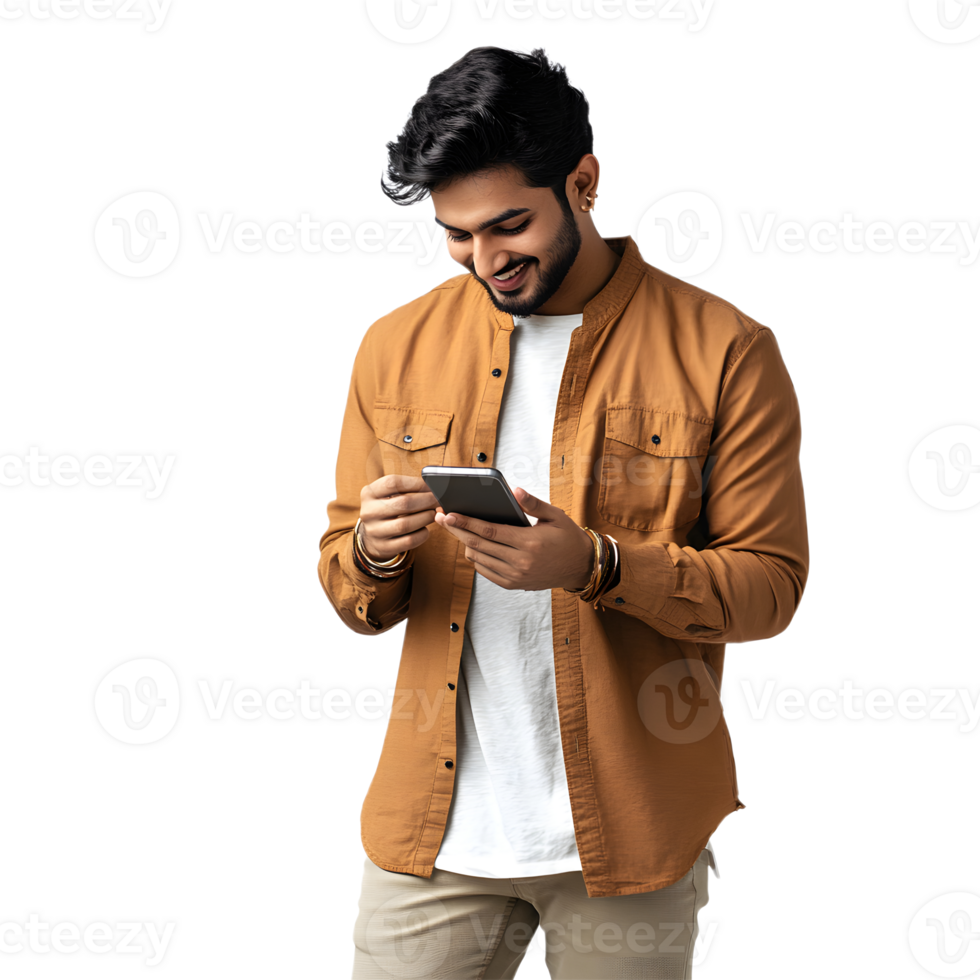 A man with a beard standing and using his phone against a clear backdrop png