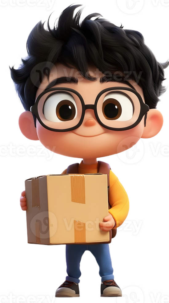 A cartoon boy with a happy expression, holding a box png