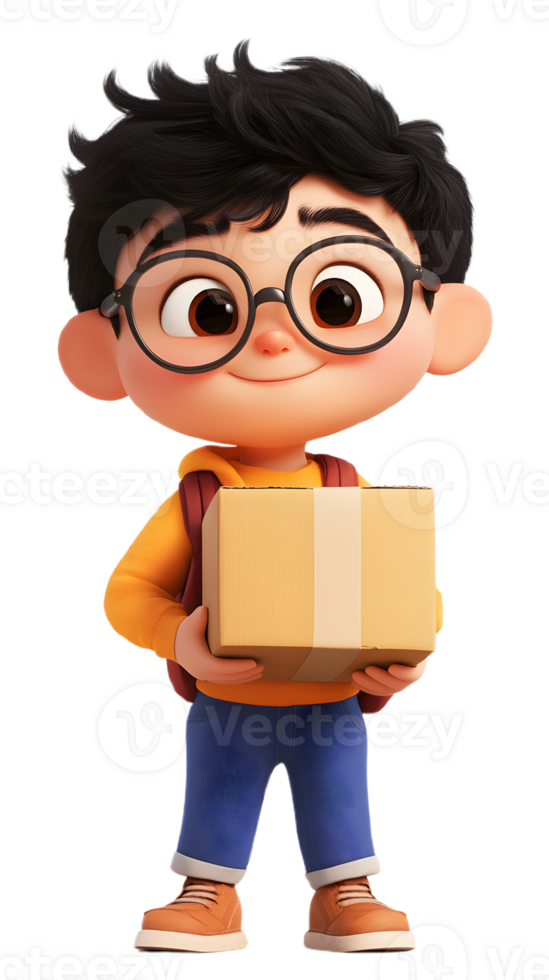 A smiling cartoon boy carrying a box png