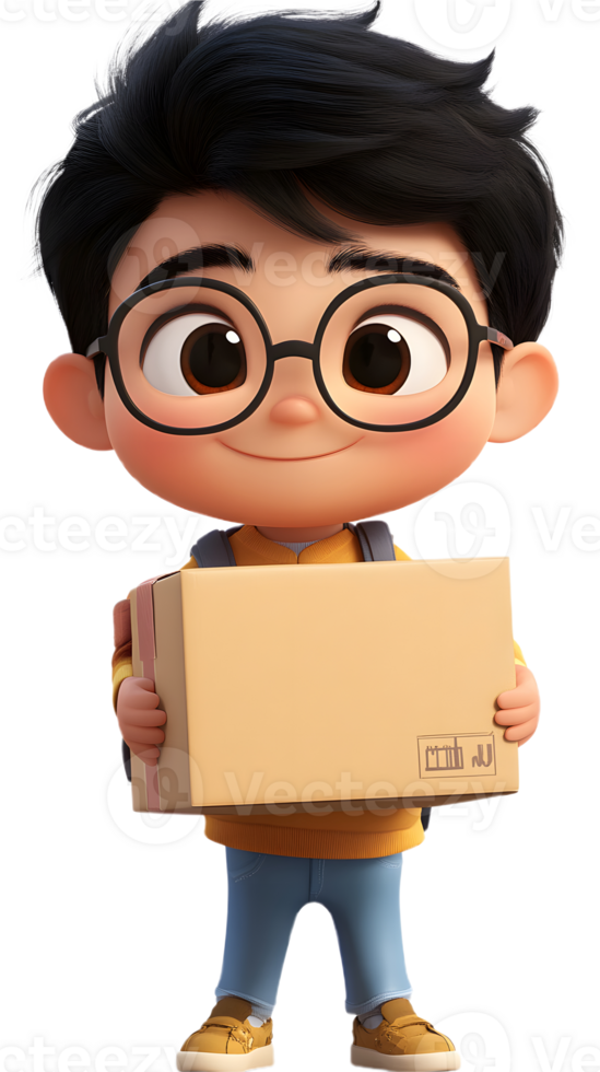 A cartoon boy with a smile, holding a box in his hands png