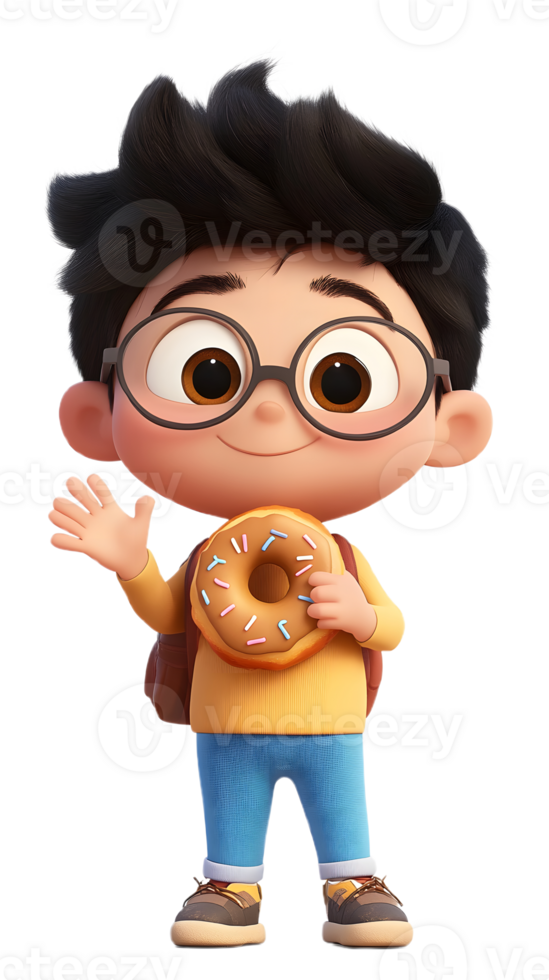 A cartoon boy with a donut in hand on a transparent background png