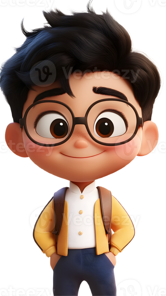 A cartoon boy with glasses and a bag on his back png