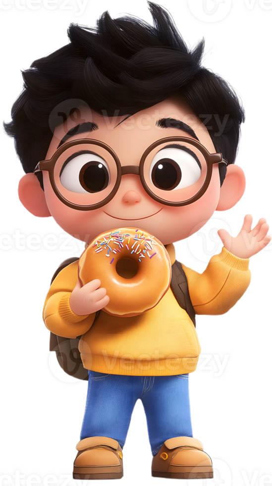 A cartoon boy holding a donut with a transparent background png
