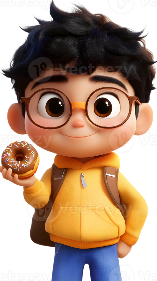A cartoon boy carrying a donut against a clear backdrop png